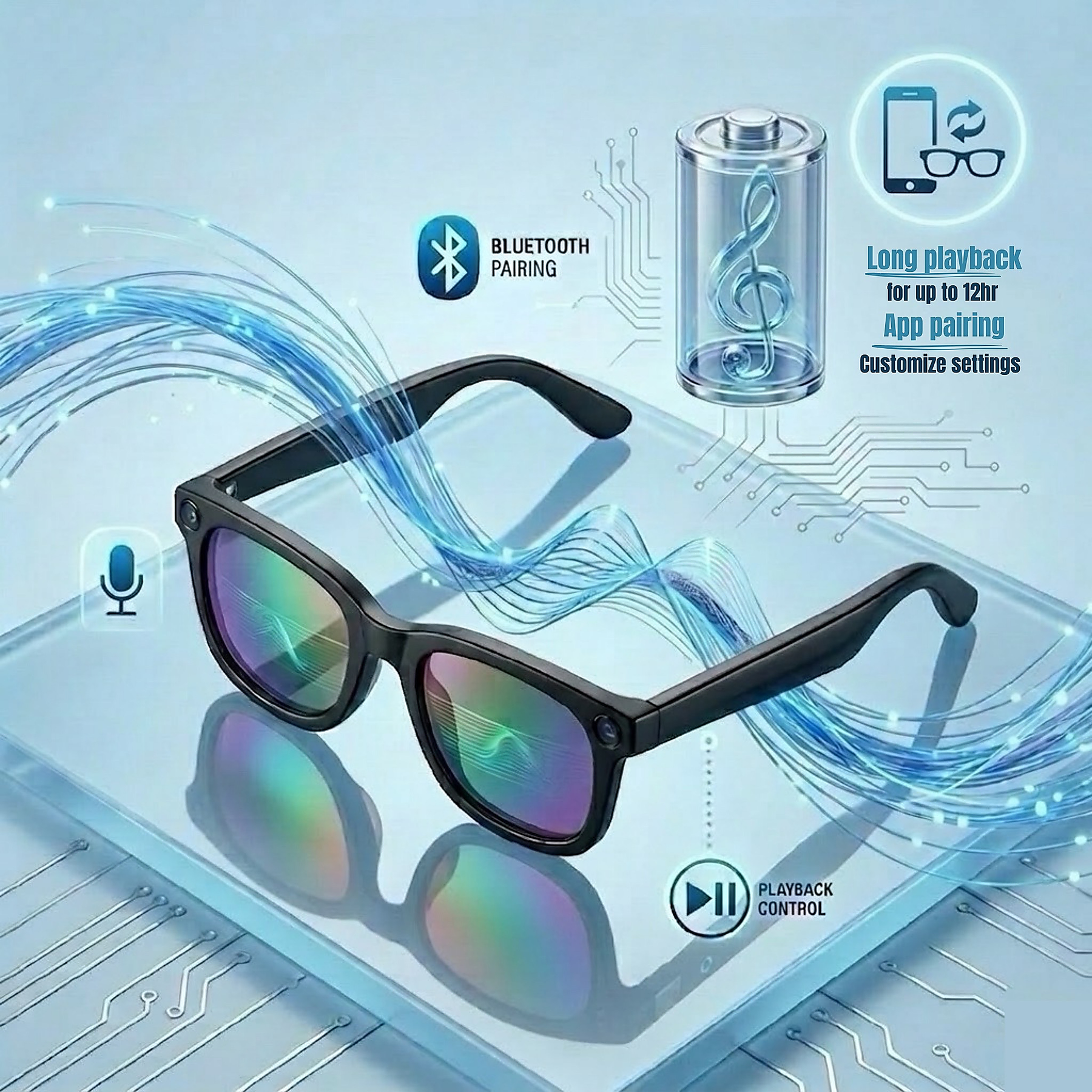 STRVO G-06 2K Ultra HD Camera Smart Glasses with Bluetooth Audio, Photochromic Lenses, AI Assistant, Video Recording & App Control - Black