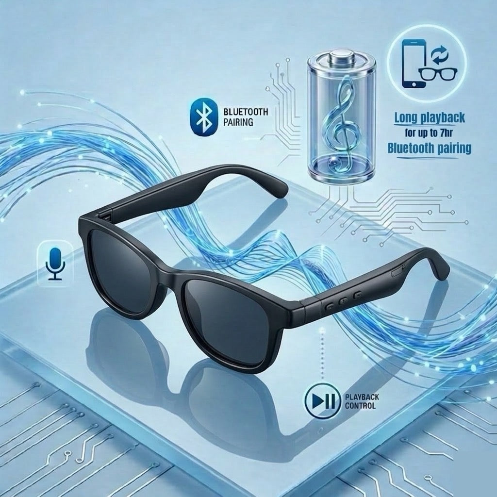 STRVO J-100 Bluetooth Smart Audio Glasses - Lightweight Open-Ear Calling & Music Sunglasses with Touch Controls, Long Battery Life - Black